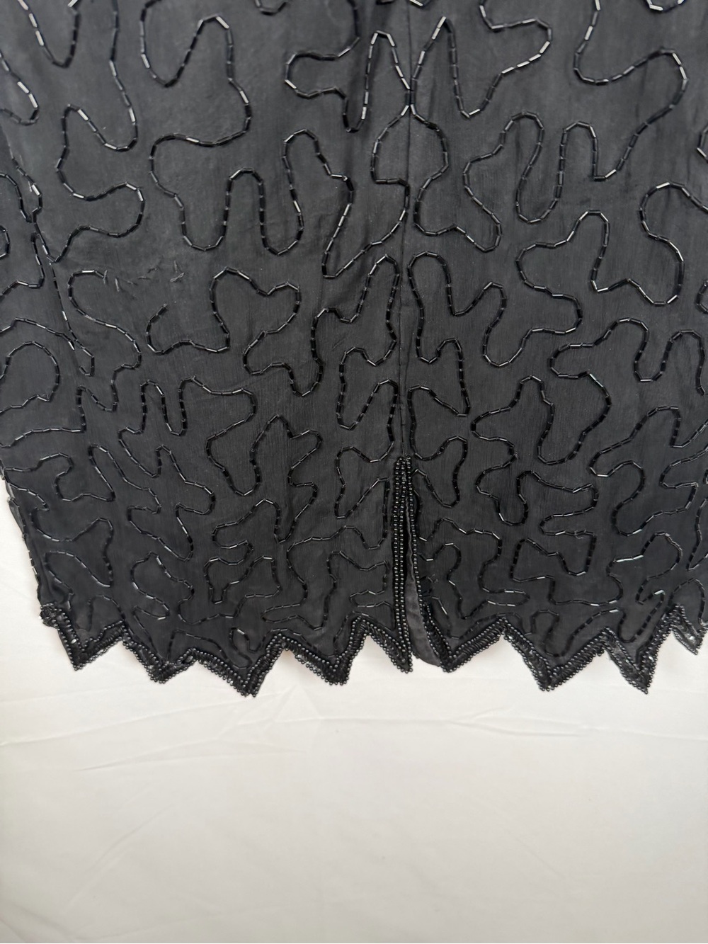 Vintage 80s Laurence Kazar Black Silk Beaded V-Neck Cocktail Mini Dress - Picture 8 of 10
